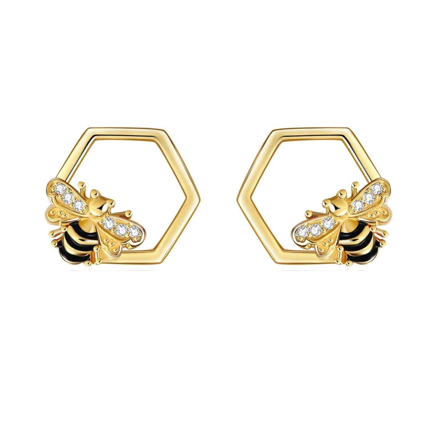 Golden Bee Hexagon Earrings