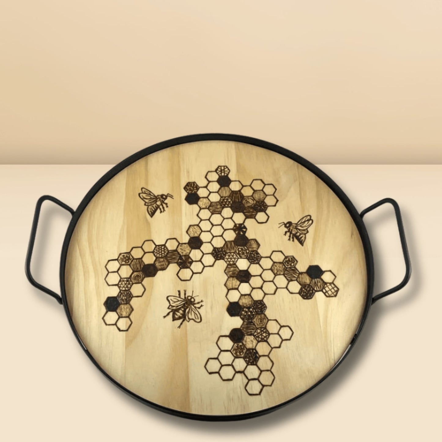 Honeycomb Wood Burned Tray with Metal Handles Beezzit