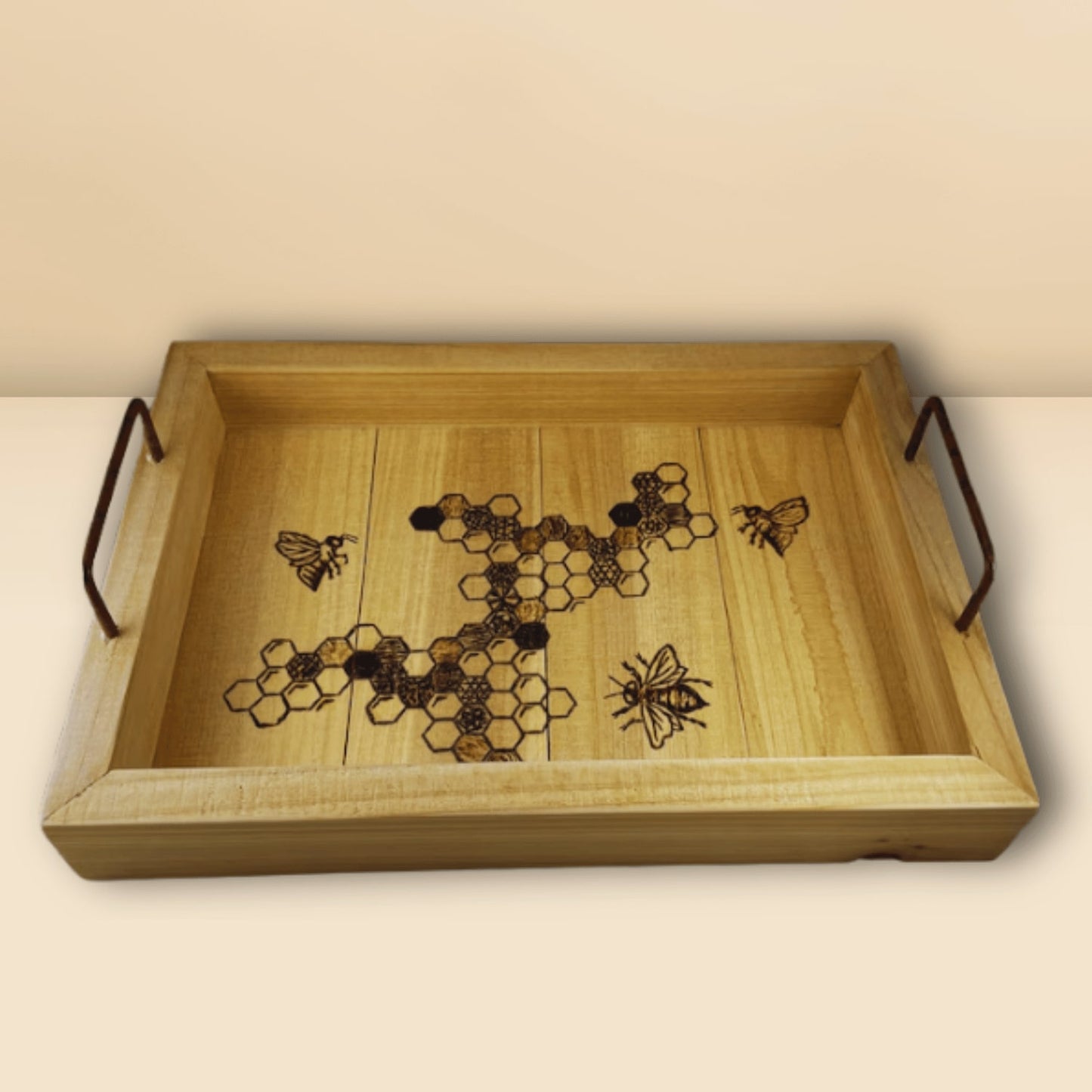 Honeycomb Wood Burned Tray with Handles Beezzit