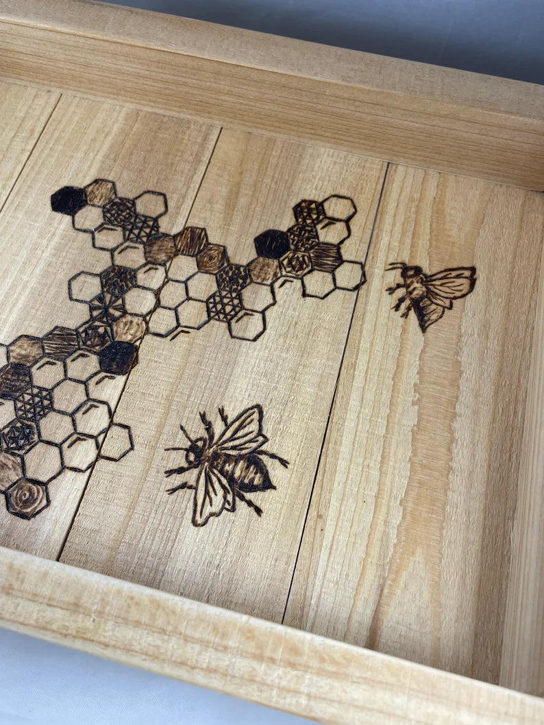 Honeycomb Wood Burned Tray with Handles Beezzit