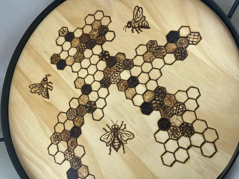 Honeycomb Wood Burned Tray with Metal Handles Beezzit